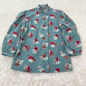 Allyson Holley Floral Blouse Women's Medium Ruffle Neck LS Vintage Top Career
